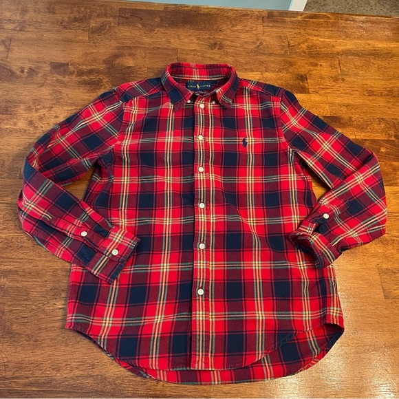 Ralph Lauren red navy plaid long sleeve button down size large 14-16 soft - Picture 1 of 6